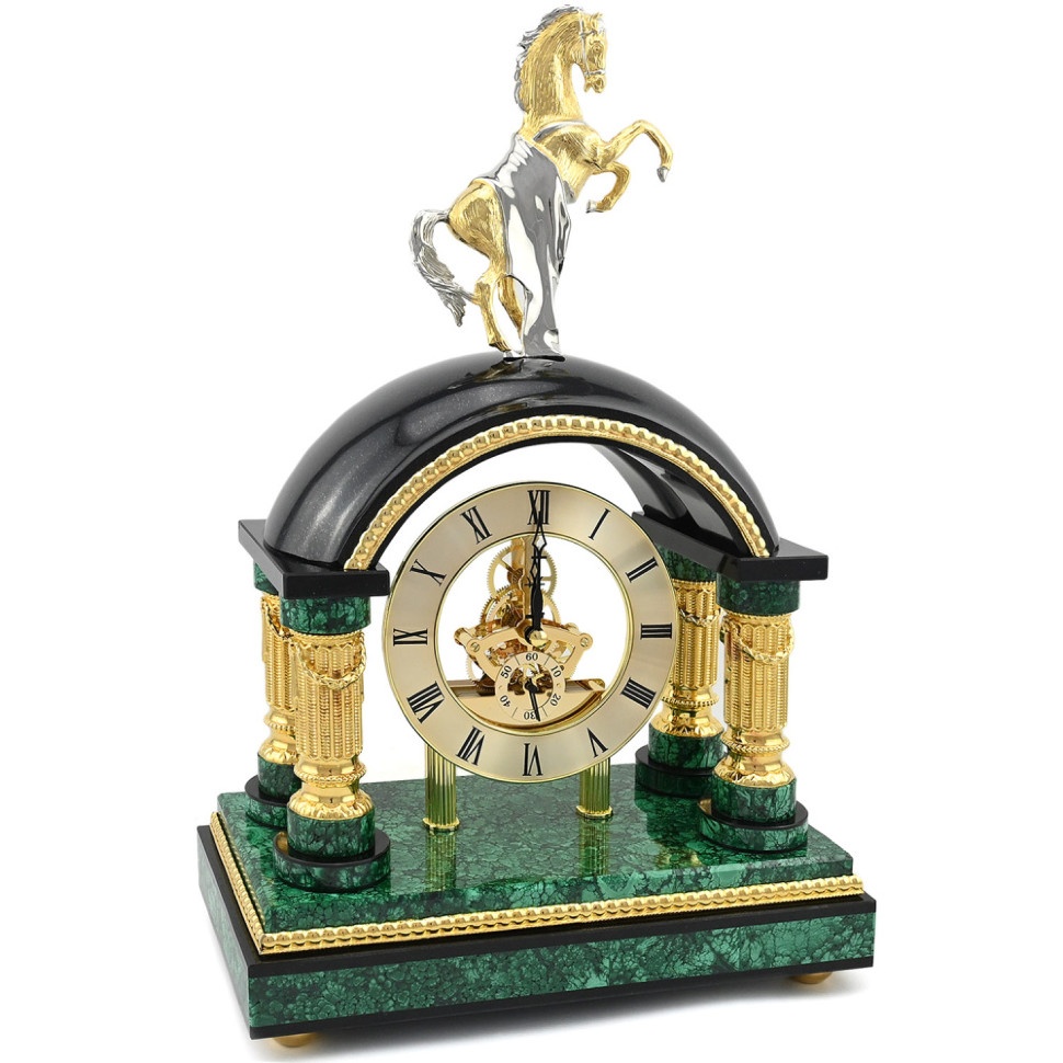 Часы каминные из малахита КОНЬ AZRK-3200539 Часы каминные из малахита КОНЬ AZRK-3200539