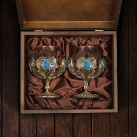 Набор бокалов для коньяка с искусственным камнем (бирюза) в деревянной шкатулке GP-050402045/3