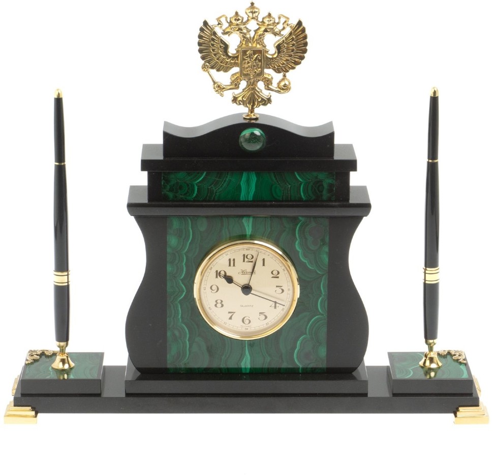 Часы настольные из малахита ГЕРБ РФ с ручками 072127532